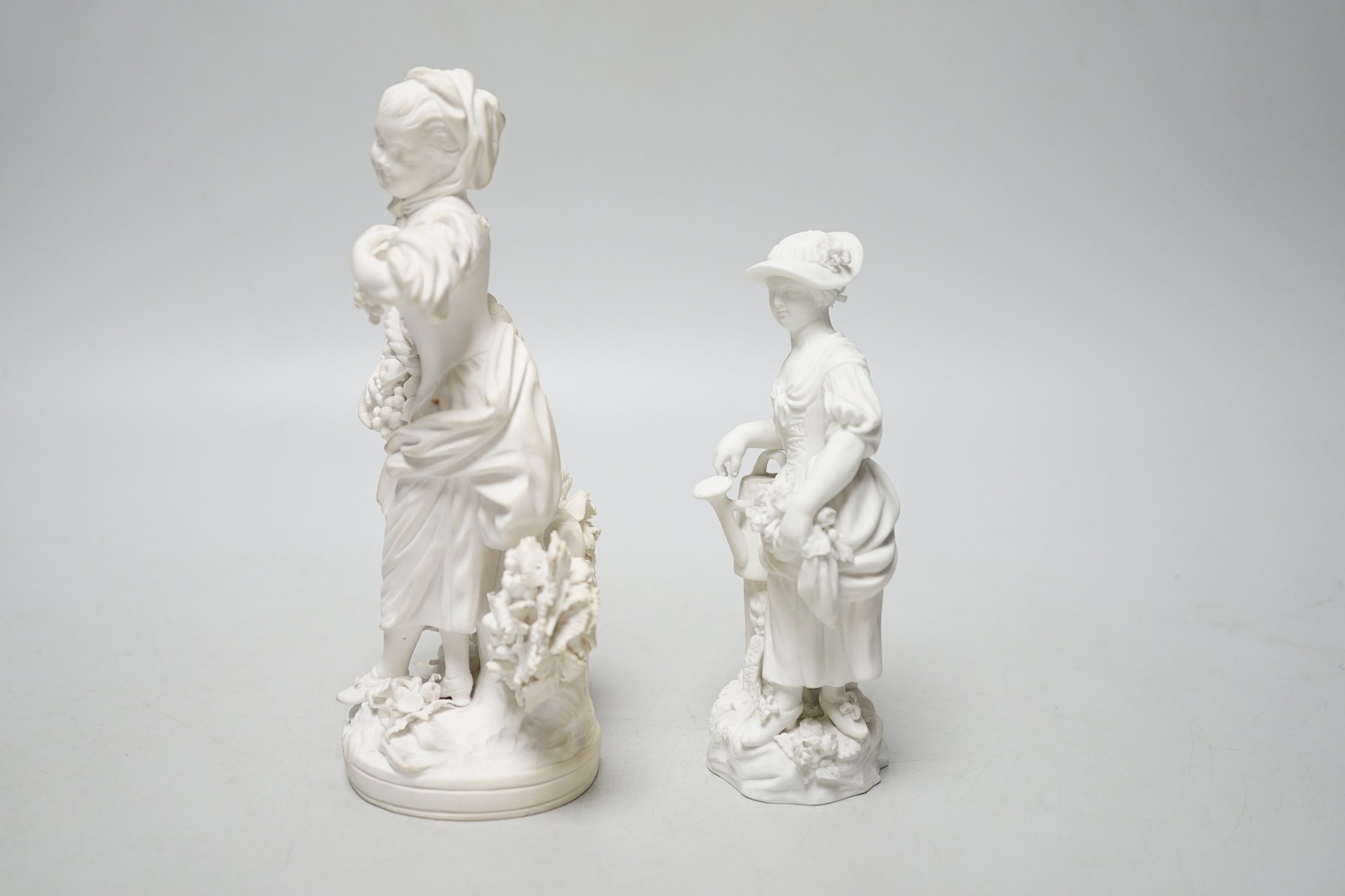 An 18th century Derby biscuit figure of a woman representing Autumn, 16.8cm and a Derby biscuit figure of a woman gardener with a watering can, pattern no.7, 13.3cm.